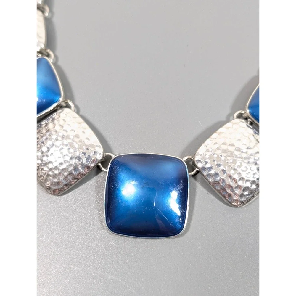 Blue‎ Enamel Hammered Statement Necklace Silver Tone Western Boho 22